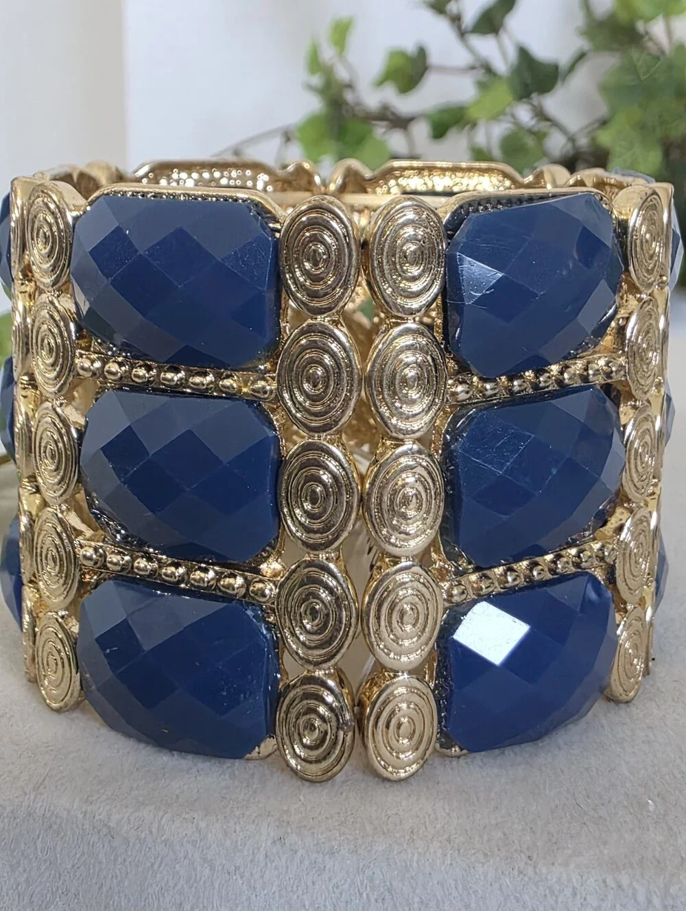 Bold Royal Blue Cabochon & Gold Tone Stretch Statement Cuff Bracelet